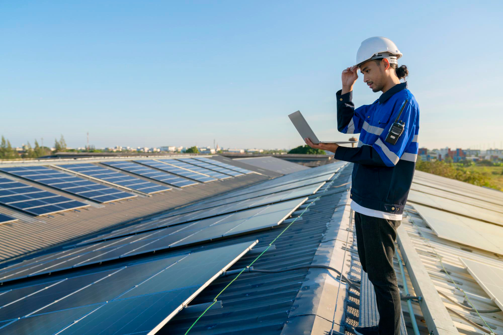 Technicus met veiligheidshelm en laptop op een dak vol zonnepanelen.